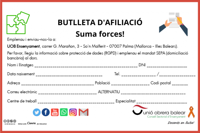 Butlleta afiliació Unió Obrera Balear paper